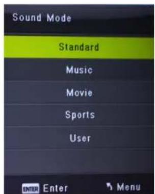 Sound Mode Standard Music Movie Sports User ENTER Enter ▼Menu