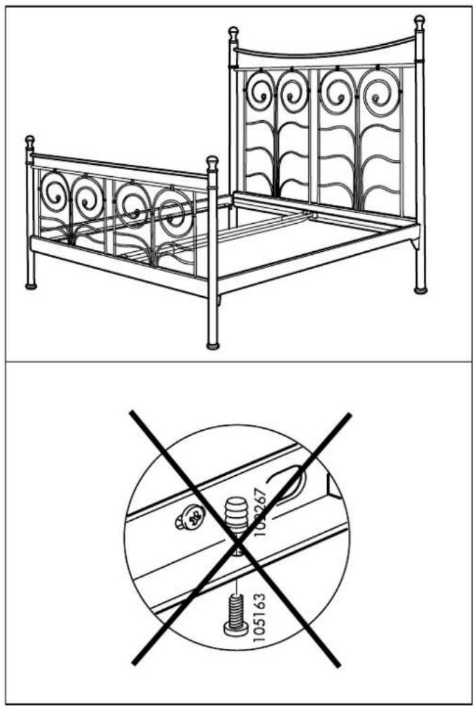 Technical diagram showing a metal bed with decorative panels and a cross-sectional view of electrical insulator components labeled 105163 and 10267.