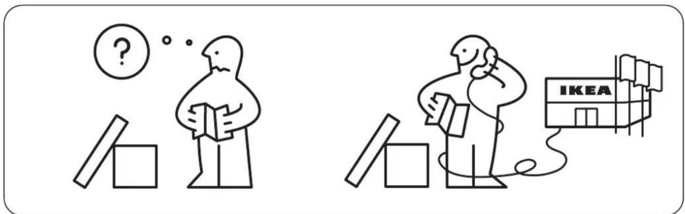 Illustration showing two cartoon figures with question marks and a IKEA building, suggesting a survey or problem about ideas or ideas.