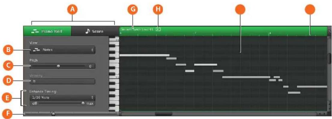 A G H Piano Roll Score View Notes Pitch 0 Velocity Enhance Timing: 1/16 Note eff max F