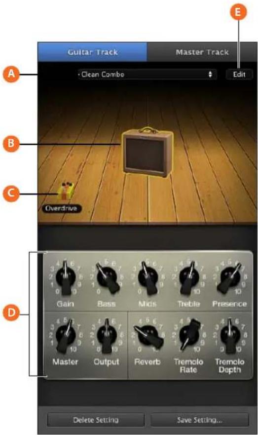 Guitar Track Master Track Clean Combo Edit A B C Overdrive D Gain Bass Mids Treble Presence Master Output Reverb Tremolo Rate Tremolo Depth Delete Setting Save Setting...