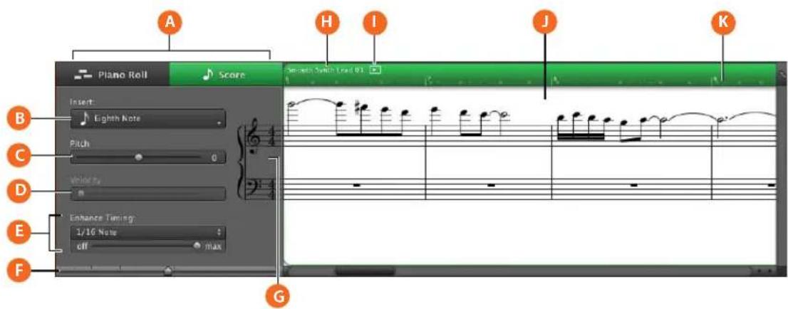 A H I J K Piano Roll Score Insert: Eighth Note Pitch 0 D Enhance Timing: 1/16 Note off max G