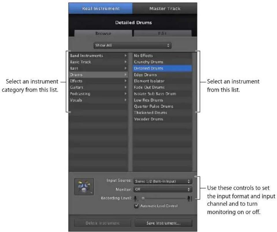 Real Instrument Master Track Detailed Drums Browse Edit show All Band Instruments Basic Track Bass Drums Effects Guptars Podcasting Vocals No Effects Crunchy Drums Detailed Drums Edge Drums Element Isolator Fade Out Drums Isolate Sub Bass Drum Low Res Drums Quarter Pulse Drums Thickened Drums Vocoder Drums Select an instrument category from this list. Select an instrument from this list. Input Source: Stereo 1/2 (Built-in Input) Monitor: OH Recording Level: Automatic Level Control Delete Instrument Save Instrument... Use these controls to set the input format and input channel and to turn monitoring on or off.