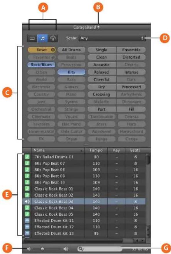 GarageBand Scale: Any Reset All Drums Single Ensemble Favorites Beats Clean Distorted Rock/Blues Persussion Acoustic Electric Urban Kits Relaxed Intense World Bass Cheerful Dars Electronic Gumars Dry Processed Country Piano Groving Arrhythmic Jazz Synthes Melodic Dirsonant Orchestral Strings Fort Fill Cinematic Vocals Tambouride Celesta Textiles Elec Piano Brass Hard Experimental Slide Guitar Woodwind Harpsickord FX Organ Banga Cangs Name Tempo Key Beats 70s Ballad Drums 01 80 - 8 80s Pop Beat 07 110 - 8 80s Pop Beat 08 109 - 16 80s Pop Beat 09 110 - 16 80s Pop Beat 10 109 - 16 Classic Rock Beat 01 140 - 16 Classic Rock Beat 02 140 - 16 Classic Rock Beat 03 140 - 8 Classic Rock Beat 04 140 - 16 Classic Rock Beat 05 140 - 16 Effected Drum Kit 11 110 - 8 Effected Drum Kit 12 110 - 8 Effected Drum Kit 13 95 - 8 F 33 Kints G