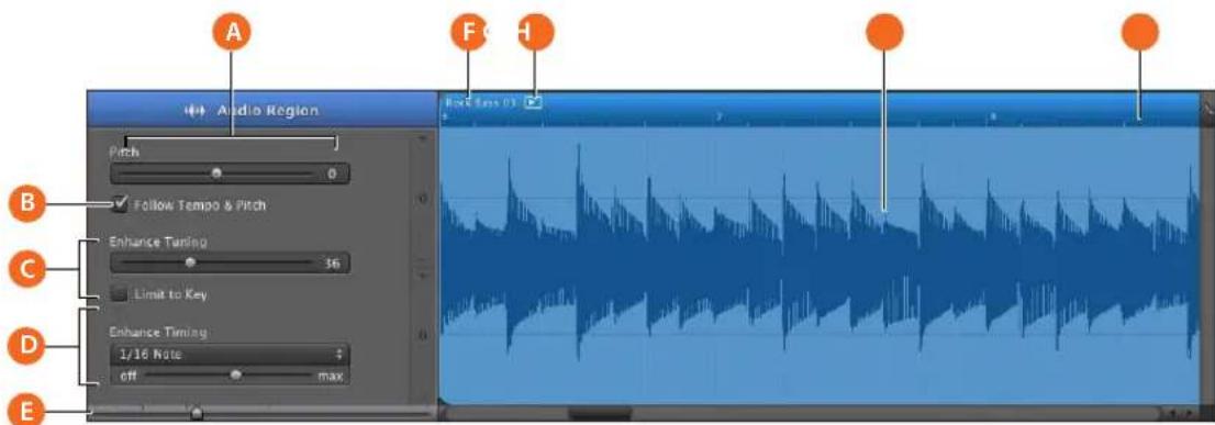 Audio Region Pitch Follow Tempo & Pitch Enhance Timing 36 Limit to Key Enhance Timing 1/16 Note off max Back Loss 01 A B C D E