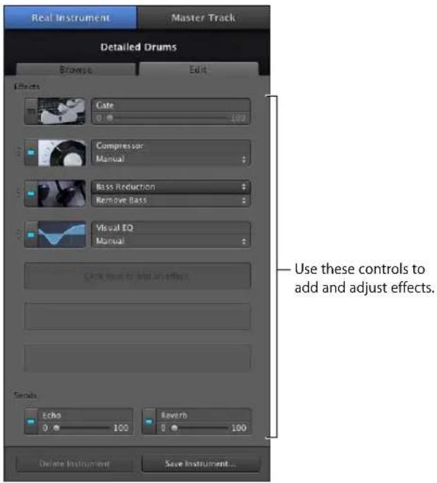 Real Instrument Master Track Detailed Drums Browse Edit Effects Cate 0 100 Compressor Manual Bass Reduction Remove Bass Visual EQ Manual Click level to add an effect. Use these controls to add and adjust effects. Details Echo 0 100 Ravens 0 100 Delete Instrument Save Instrument...