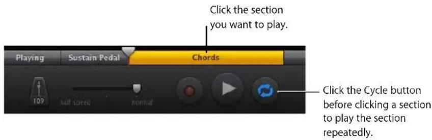 Click the section you want to play. Playing Sustain Pedal Chords 109 ball speed normal Click the Cycle button before clicking a section to play the section repeatedly.