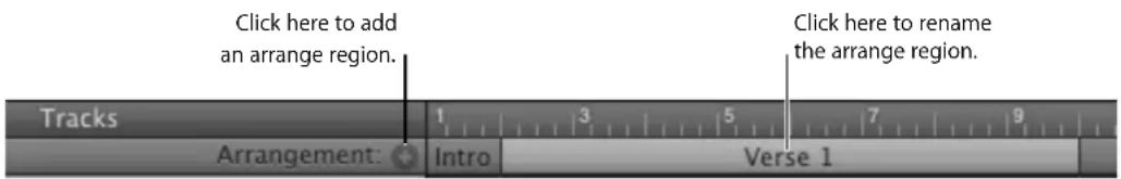 Click here to add an arrange region. Click here to rename the arrange region. Tracks Arrangement: Intro Verse 1