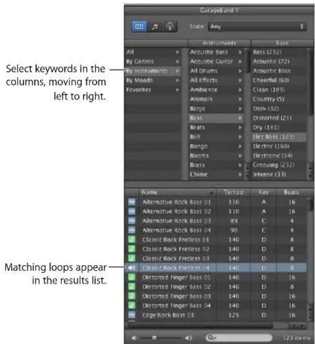Select keywords in the columns, moving from left to right. Matching loops appear in the results list.