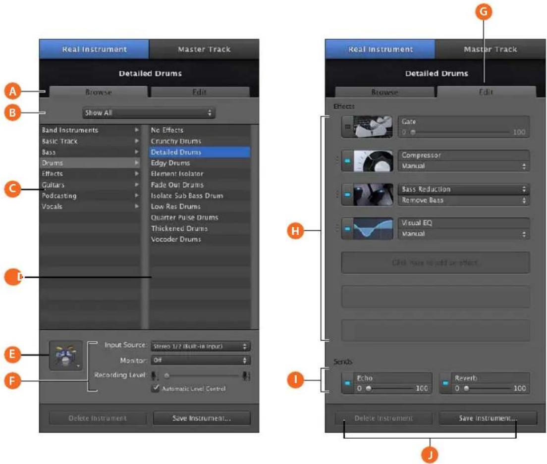 Real Instrument Master Track Detailed Drums Browse Edit Show All Band Instruments Basic Track Bass Drums Effects Guitars Podcasting Vocals No Effects Crunchy Drums Detailed Drums Edgy Drums Element Isolator Fade Out Drums Isolate Sub Bass Drum Low Res Drums Quarter Pulse Drums Thickened Drums Vocoder Drums Input Source: Stereo 1/2 (Multi-H Input) Monitor: 0# Recording Level Automatic Level Control Delete Instrument Save Instrument... Real Instrument Master Track Detailed Drums Browse Edit Effects Gate 0 100 Compressor Manual Bass Reduction Remove Bass Visual EQ Manual Click Save to add or effect. Sends Echo 0 100 Reverb 0 100 Delete Instrument Save Instrument... A B C D E F I J