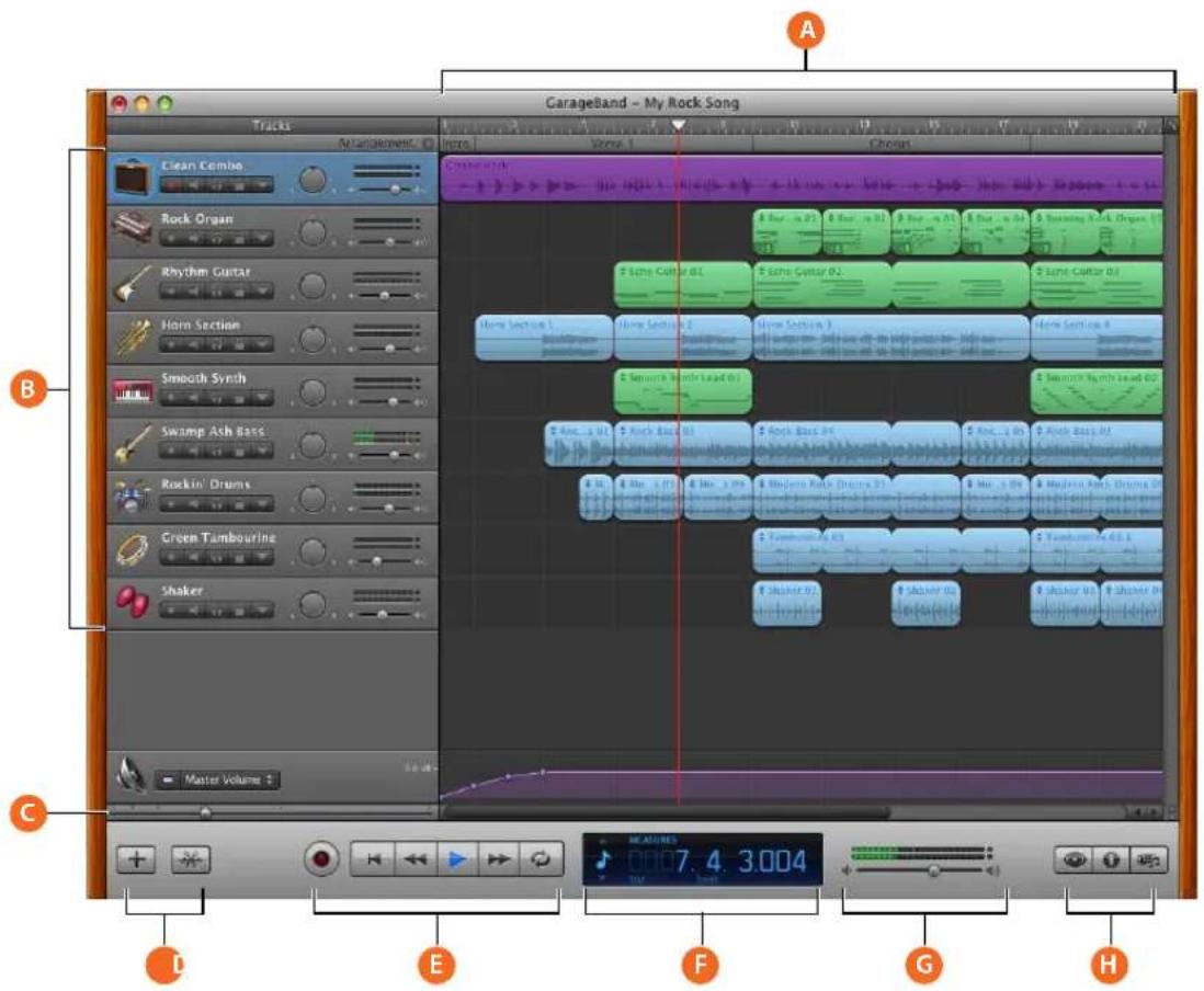 GarageBand - My Rock Song Trucks Amangements Voice Venue 1 Chordt Clean Combo Rock Organ Rhythm Guitar Horn Section Smooth Synch Swamp Ash Bass Rockin' Drums Green Tambourline Shaker Master Volume + A B C D E F G H 7.4 3.004