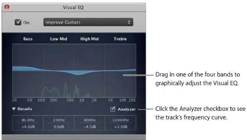 Visual EQ On Improve Guitars Bass Low Mid High Mid Treble 20 50 100 200 500 1K 2K 5K 10K 20K Details Analyzer 80.0Hz 230Hz 800Hz 12000Hz +4.0dB 0.0dB -4.5dB +1.0dB