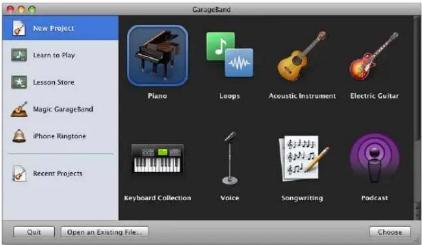 New Project Learn to Play Lesson Store Magic GarageBand iPhone Ringtone Recent Projects GarageBand Piano Loops Acoustic Instrument Electric Guitar Keyboard Collection Voice Songwriting Podcast Quit Open an Existing File... Choose