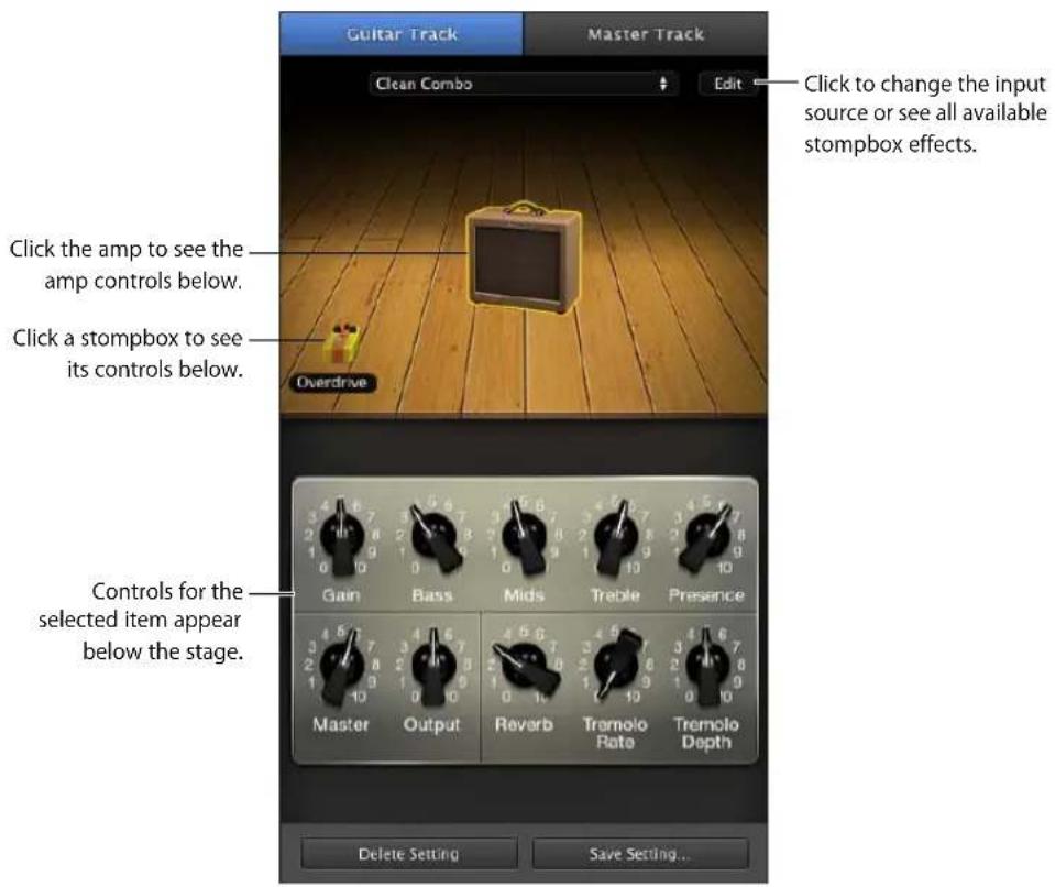 Guitar Track Master Track Clean Combo Edit Click to change the input source or see all available stompbox effects. Click the amp to see the amp controls below. Click a stompbox to see its controls below. Overdrive Controls for the selected item appear below the stage. Gain Bass Mids Treble Presence Master Output Reverb Tremolo Rate Tremolo Depth Delete Setting Save Setting...