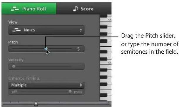 Piano Roll Score View Notes Pitch 5 Velocity Enhance Timing Multiple off Drag the Pitch slider, or type the number of semitones in the field.