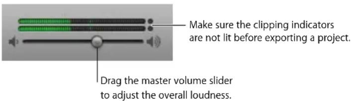 Make sure the clipping indicators are not lit before exporting a project. Drag the master volume slider to adjust the overall loudness.