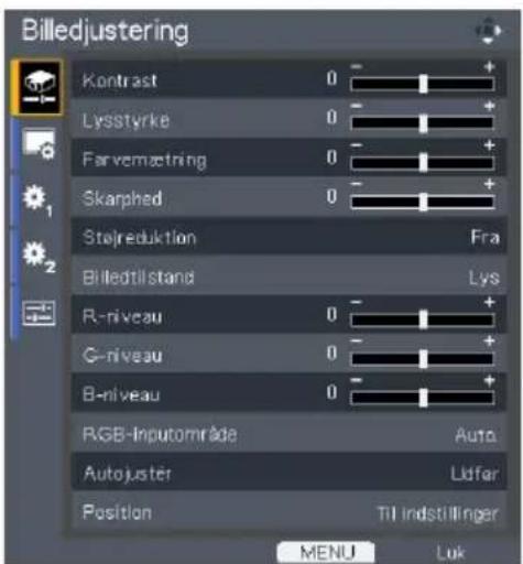 Billedjustering Kontrast 0 - + Lysstyrke 0 - + Farvemætning 0 - + Skarphed 0 - + Stojreduktion Fra Billedtilstand Lys R-niveau 0 - + G-niveau 0 - + B-niveau 0 - + RGB-Inputområde Auto Autojuster Lidfar Position Til indstillinger MENU Lok