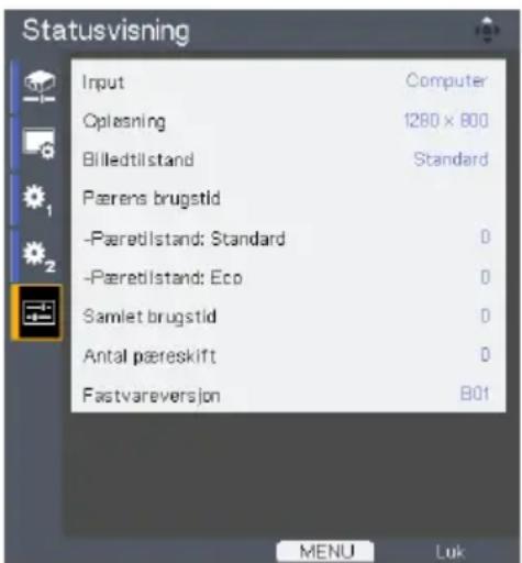 Statusvisning Input Computer Oplasning 1280 x 800 Billedtilstand Standard Pærers brugstid -Paaretilstand: Standard 0 -Paaretilstand: Eco 0 Samlet brugstid 0 Antal pæreskift 0 Fastvareversion B01 MENU Luk