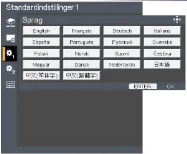 Standardindstillinger 1 Sprog English Français Deutsch Italiano Español Português Rусский Svenska Polski Norsk Suomi Čeština Magyar Dansk Nederlands 日本語 中文(简体字) 中文(繁體字) ENTER OK