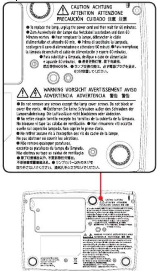 CAUTION ACHTUNG ATTENTION ATTENZIONE PRECAUCIÓN CUIDADO 注意 注意 ● To replace the lamp, Urplug the power cord and then wait for 60 minutos. ● Zum Auswechseln der Lampe das Netklabel ausstecken und dann 60 Minutes warten. ● Pour remplacer la lampe, débrancher le câble d'alimentation et attendre 60 min. ● Prima di seslitère la lampada, scallogare il cavo di alimentazione o attendere 60 minuti. ● Para remplazan la lampara desenchufe el cable de alimentación y espere 60 mivitas. ● Para substituir a limpada, desligue e cabo de alimentação e apuride 60 mivitas. ● 更更換行管，鍵下電源機。 電話等待60分特。 ● ランプ交換の部は、必ず電源プラグを基き、 60分放置してください。 WARNING VORSICHT AVERTISSEMENT AVISO ADVERTENCIA ADVERTENCIA 警告 警告 ● Do not remove any screws except the lamp cover screws. Do not block or cover the vents. ● Entfernen Sie keine Schrauben außer den Schrauben der Lampensabdeckung. Die Luftauslässe nicht blockieren oder abdecken. ● No retire ningún tamilla excepta las tarrillas de la cubierta de la limpura. No bloque ni tape las calidas de ventilación. ● Non rimovare viti eccetta quelle sul coperchio lampada. Non copire le presse d'aria. ● No retirer aucune vis à l'exception des vis du cache de la lampe. Ne pas obstruer su couvrir les aérations. ● No remova quaisquer parafluses, excepto os parafluses da tampa da limpada. Não obstru ou tape as calidas de ventilación. ● 章了灯量输出以外，不要拆除任何 Madrid。 不要增進或置重遮风孔。 ● ランプカバー以外のネジを 取り外さないでください。湯風孔をふさがないでください。