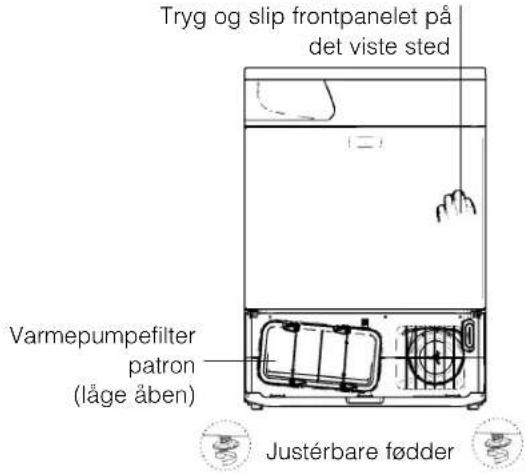 Tryg og slip frontpanelet på det viste sted Varmepumpefilter patron (låge åben) Justérbare fødder