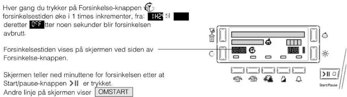 Hver gang du trykker på Forsinkelse-knappen vi forsinkelsestiden øke i 1 times inkrementer, fra: 1H2 til deretter °F tter noen sekunder blir forsinkelsen avbrutt. Forsinkelsestiden vises på skjermen ved siden av Forsinkelse-knappen. Skjermen teller ned minuttene for forsinkelsen etter at Start/pause-knappen >II er trykket. Andre linje på skjermen viser OMSTART