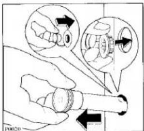 Diagram illustrating mechanical assembly steps with labeled components and directional arrows
