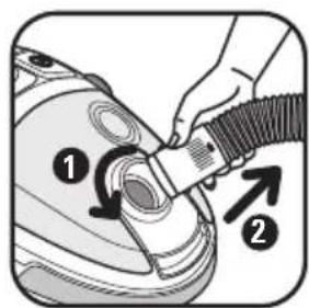 Diagram showing a hand holding a hose connected to a device with numbered annotations (1 and 2) indicating parts of the process.
