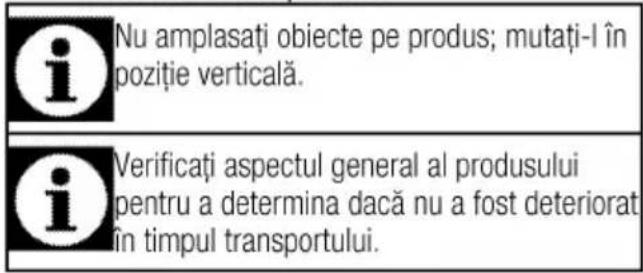 Nu amplasați obiecte pe produs; mutați-l în poziție verticală. Verificați aspectul general al produsului pentru a determina dacă nu a fost deteriorat în timpul transportului.