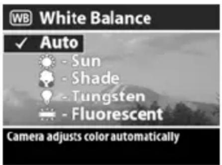 WB White Balance ✓ Auto - Sun - Shade - Tungsten - Fluorescent Camera adjusts color automatically