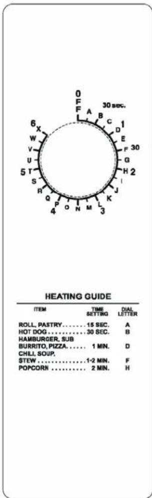 HEATING GUIDE ITEM TIME SETTING DIAL LETTER ROLL, PASTRY.... 15 SEC. A HOT DOG.... 30 SEC. B HAMBURGER, SUB BURRITO, PIZZA.... 1 MIN. D CHILL, SOUP. STEW.... 1-2 MIN. F POPCORN.... 2 MIN. H