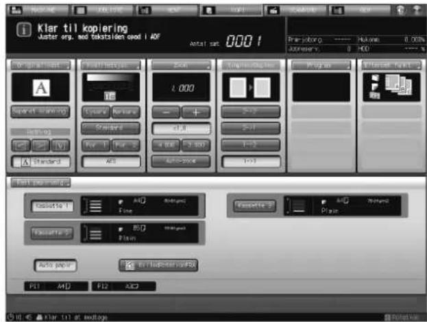 Klar til kopiering Juster erp. och takstalen opod i AOF Antal set 0001 Pre jobong 0000% Adversen: 0 MIO Programs Software Tools Standard Drawing Standard Standard 1.000 2-7 2-7 1-3 1-3 Text Edit Options Cassette 1 AMD Redesign Fassette 2 BDO Redesign Auto print EN Text Input/USB P1 AMD P12 LCD 00:45 Klar til at kallagia