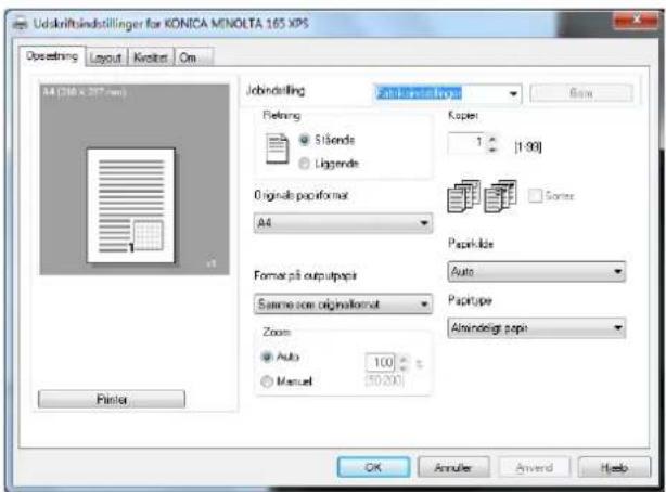 Udkriftsindstillinger for KONICA MINOLTA 165 XPS Obsetning Layout Knolter Om A4 (336 x 287 mm) Jobindilling File Edit View Help Refining Ständs Liggende Original papi format A4 Kapier 1 [1:30] Sorter Paper size Auto Paper type Almandelgs papi Former på output paper Same name original format Zoom Auto 100 Manual 50:200 Printer OK Annuler Amend Help