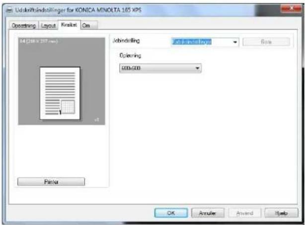 Udskriftsindstillinger for KONICA MINOLTA 165 XPS Operation Layout Knabel On A4 (208 x 207 mm) Jobindelling Full insert load Opening 500x500 Printer OK Anulie Amend Help