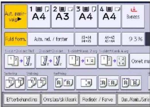 Aut. papir- vag 1 A4 2 A3 3 A4 4 A4 Bypass Fuld form. Auto. red. / forster A5+A4 A4+A5 M+A5 M5+A4 9 3% 1-1d+2-d del-Tel 2-sidet+2-sidet 1-sidet+Kamb 2 arg 1-sidet+Kamb 4 arg Oret ma Sertering Stehning Rafthning Efterbehandling Omslag/skitleark Rediger / Farve Dur./Komb./Serie