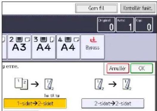 Gem fil Kontroller funkt. Original 0 Antel 1 Kopi 2 A3 3 A4 4 A4 Bypass g erme. Arrullér OK 1 2 → 1/2 Tow dit to: 1-sidet→2-sidet 1/2 → 1/2 2-sidet→2-sidet