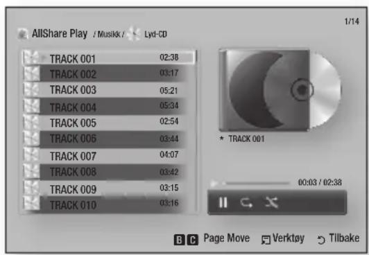 AllShare Play / Musikk / Lyd-CD 1/14 TRACK 001 02:38 TRACK 002 03:17 TRACK 003 05:21 TRACK 004 05:34 TRACK 005 02:54 TRACK 006 03:44 TRACK 007 04:07 TRACK 008 03:42 TRACK 009 03:15 TRACK 010 03:16 * TRACK 001 00:03 / 02:38 B C Page Move Verktøy Tilbake