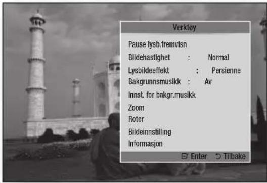 Verktoy Pause lysb.fremvisn Bildehastighet : Normal Lysbildeeffekt : Persienne Bakgrunnsmuskk : Av Innst. for bakgr.musikk Zoom Roter Bildeinnstilling Informasjon Enter Tilbake