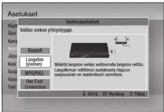 Asetukset Näytti Äärn Kana Verkko Järje Kuell Suojla Yleris Tuki Verkkoasetukset Valitse verkon yhteystyyppi. Kaapeli Langaton (yleinen) WPS(PBC) One Foot Connection Määritä langaton verkko valitsemalla langaton reitin. Langattoman reittittimen asetuksesta rilppuen suojausavaln on mahdollisesti annettava. Silrrä Hyväksy Palaa