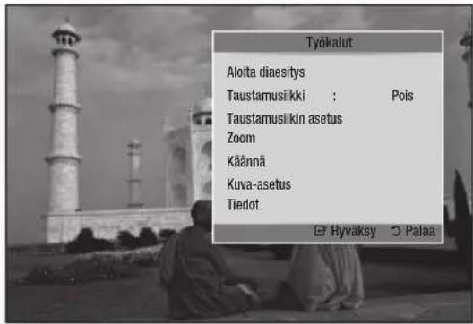 Työkalut Aloita diaesitys Taustamusikkı : Pois Taustamusiikin asetus Zoom Käännä Kuva-asetus Tiedot Hyväksy Palaa