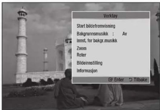 Verktay Start bildefremvisning Bakgrunnsmusikk : Av Innst. for bakgr.musikk Zoom Roter Bildeinnstilling Informasjon Enter Tillbake