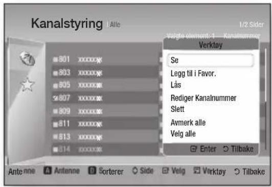 Kanalstyring | Alle 1/2 Sider Volgte element: 1 — Kanalnummer Verktøy Se Legg til i Favor. Lås Rediger Kanalnummer Slett Avmerk alle Velg alle Enter ○ Tilbake Antenne Antenne Sorterer Side Velg Verktøy Tilbake