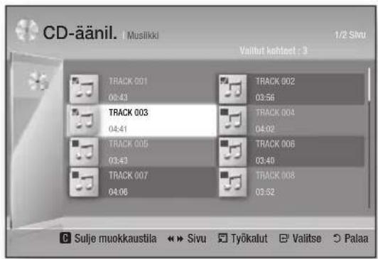 CD-äänil. | Musikki Valitut kohrtet : 3 1/2 Situ TRACK 001 00:43 TRACK 003 04:41 TRACK 005 03:43 TRACK 007 04:06 TRACK 002 03:56 TRACK 004 04:02 TRACK 006 03:40 TRACK 008 03:52 C Sulje muokkaustila ↔ Sivu ▼ Työkalut ▼ Valitse ▼ Palaa