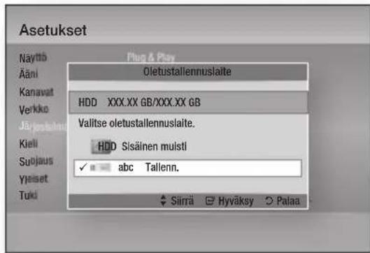Asetukset Näyttö Äänl Kanavat Verkko Jäjärssäine Kieli Subjaus Yisiset Tuki Plug & Play Oletustallennuslaite HDD XXX.XX GB/XXX.XX GB Valitse oletustallennuslaite. HDD Sisäinen mulsti ✓ abc Tallenn. Särna Hyväksy Palaa