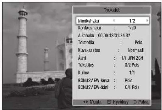 Työkalut Nimikehaku 1/2 Kohtaushaku : 1/20 Alkahaku : 00:00:13/01:34:37 Toistotila : Pois Kuva-asetus : Normaall Ääni : 1/1 JPN 2CH Tekstitys : 0/2 Pols Kulma : 1/1 BONUSVIEW-kuva : Pois BONUSVIEW-ääni : 0/1 Pois ► Muuta Hyväksy Palaa