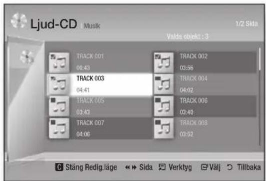 Ljud-CD | Musik Valda objekt : 3 TRACK 001 08:43 TRACK 003 04:41 TRACK 005 03:43 TRACK 007 04:06 TRACK 002 03:56 TRACK 004 04:02 TRACK 006 03:48 TRACK 008 03:52 C Stäng Redig.läge ↔ Sida Verktyg Välj Tillbaka