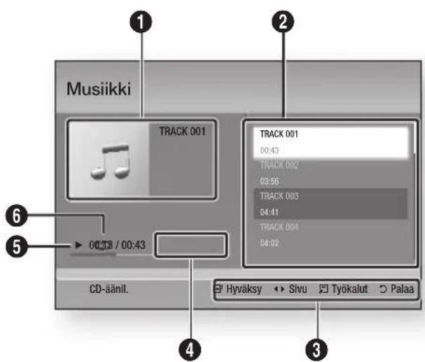 Musikki TRACK 001 TRACK 001 D0:43 TRACK 002 D3:96 TRACK 003 D4:41 TRACK 004 D4:02 CD-änil. Hrväksy ▶ Slvu □ Työkalut ○ Palaa