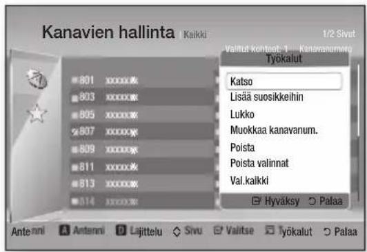 Kanavien hallinta | Kaikki Valutut kontout: 1 ... Kanavanumweg 1/2 Sivut Työkalut Katso Lisää suosikkeihin Lukko Muokkaa kanavanum. Poista Poista valinnat Val.kaikki Hyväksy Palaa Antenni Antenni Lajittelu Sivu Valitse Työkalut Palaa