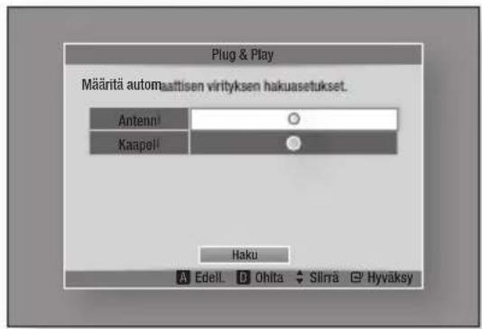 Plug & Play Määritä automaattisen virityksen hakuasetukset. Antenn! Kaapell Haku A Edell. D Ohita ◆ Slirra G Hyväksy