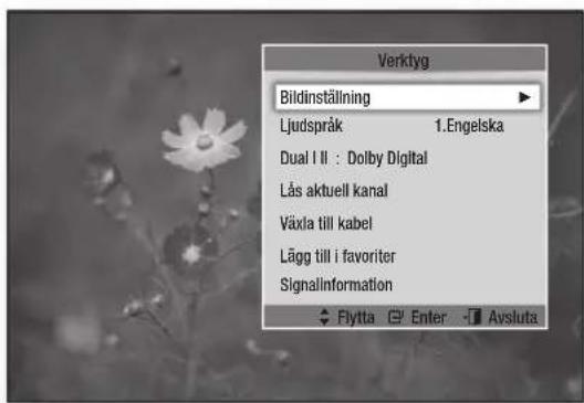 Verktyg Bildinställning Ljudspråk 1.Engelska Dual I II : Dolby Digital Lås aktuell kanal Växla till kabel Lägg till i favoriter Signalinformation Flytta Enter Avsluta